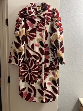 FARM Rio Cream Teddy Coat with Burgundy, Pink & Mustard Floral Print